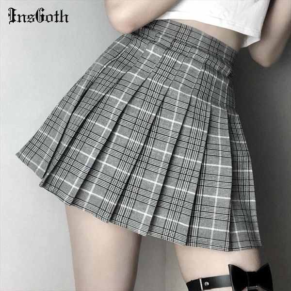 

high waist pleated mini skirts women streetwear harajuku gray plaid skirts collage style casual girl short, Black