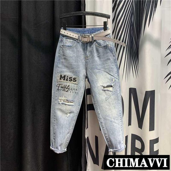 

european high waist loose capri harem pants female 2020 spring new cool diamond tassel holes drilling jeans trousers femme1, Blue