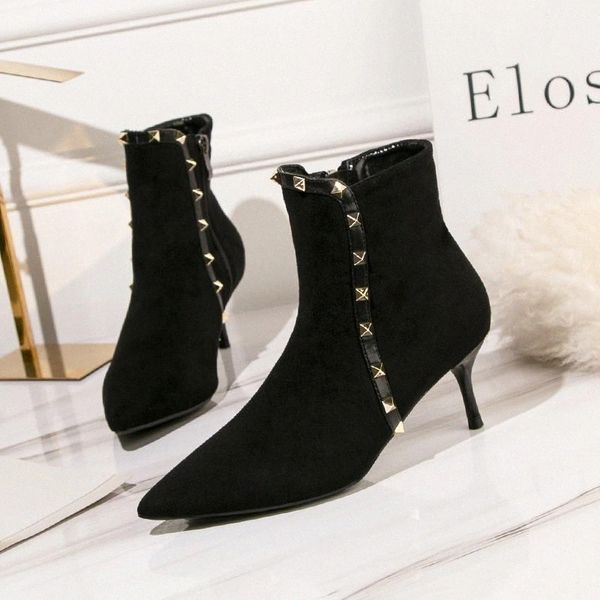 

women's boots small thin heels crystal solid flock zipper short ankle booties 2020 winter warm plush rivets shoes woman boots #7h0c, Black