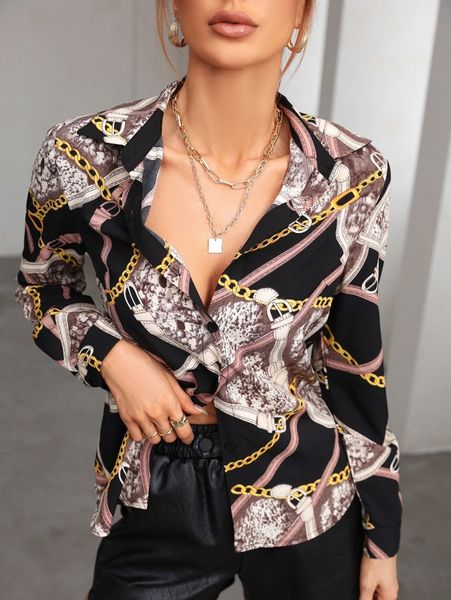 

chain print button front blouse z77f#, White