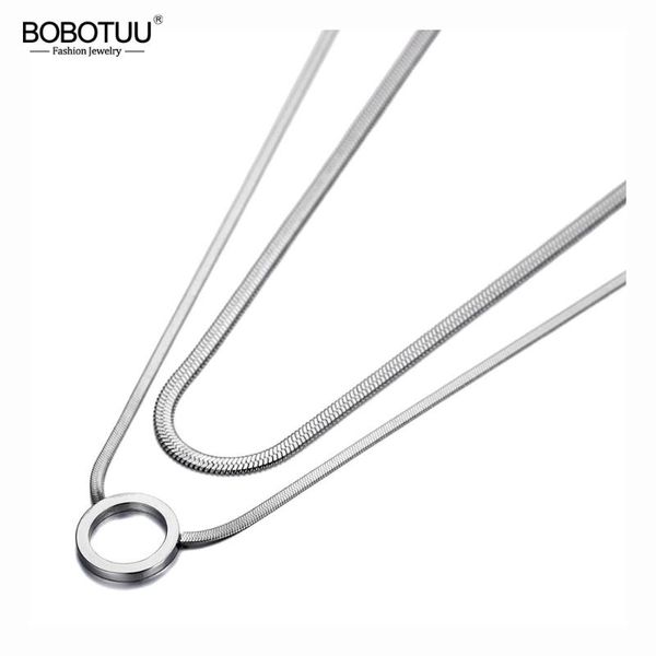 

chains bobotuu bohemia titanium stainless steel double layer circle choker necklaces fashion snake chain necklace for women bn20001, Silver