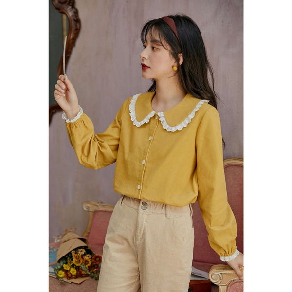 

li wo | literature and art 2020 autumn new women wear versatile long sleeve baby collar cotton shirt, White