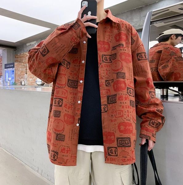 

2020 spring and autumn new literary font graffiti printing trend long-sleeved shirt fashion casual loose jacket coat -2xl, White;black