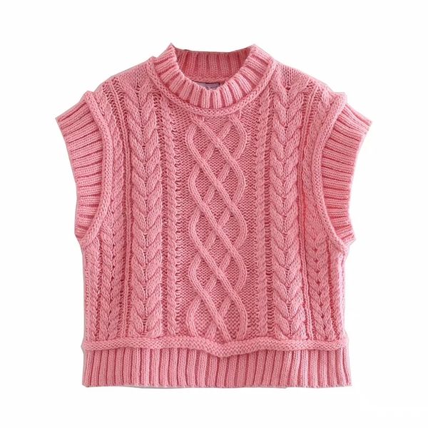 

2021 new pink cable-knitted women vintage high neck sleeveless cropped sweater vest woman fashion cute vests 1ohl, White;black