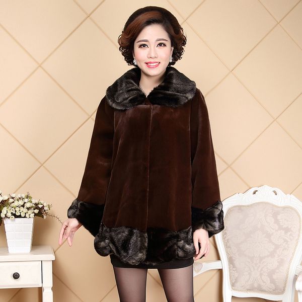 

nerazzurri middle aged women faux fur coat turn-down collar long sleeve loose fit large size fake mink fur outerwear 4xl 5xl 6xl lj201202, Black