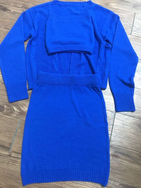 

cross-border european and american womens knitwear three-piece sweater suit cardigan coat wrapped chest skirt, White