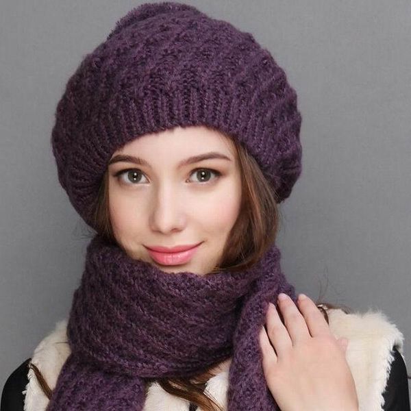 

scarves 2021 women hat scarf sets autumn winter knitted hats fashion elegant casual warm beret style female beanies, Blue;gray