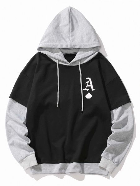 

men playing card print color block drawstring hoodie u2cf#, Black