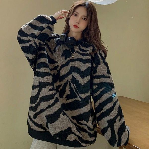 

sweet girly style autumn/winter korean fashion street style hoodie zebra stripes lambswool harajuku trend preppy couple hoodie, Black