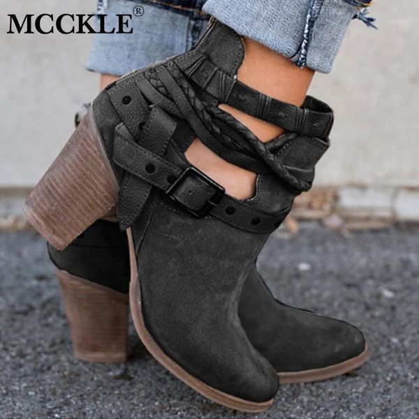 

mcckle ankle boots plus size women cut out retro high heels gladiator block heel shoe for female flock buckle strap short botas1, Black