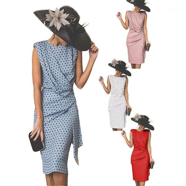 

bodycon tight polka dot print dress pleated retro pencil dresses summer women sleeveless knee-length slim dress 2020 summer1, Black;gray