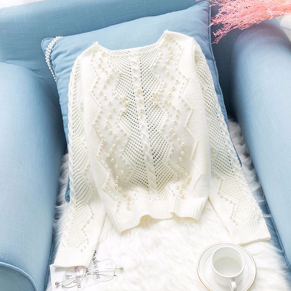 

pearls beading white sweater women knitted hollow out pullover loose lazy sweaters basic autumn and winter new arrival lj201112, White;black