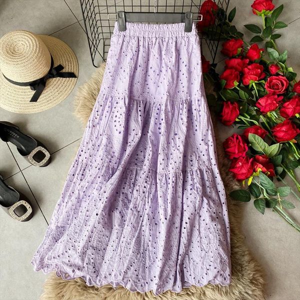

solid white purple hollow out skirts women high elastic waist a line vintage midi skirts casual ladies new saia fladas fashion, Black