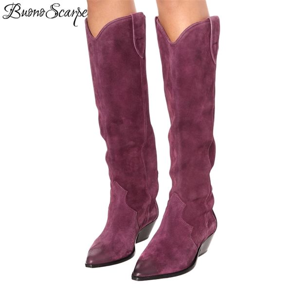 

2020 new natural suede leather boots thick heel retro western boots roman shoes women's cowboy botas mujer pointy old west boots y20072, Black