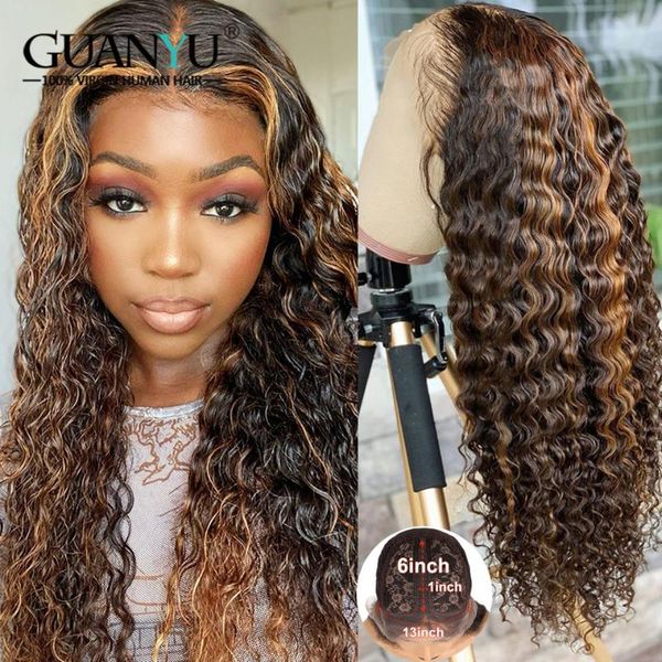 

lace wigs deep wave human hair wig pre-plucked brazilian remy ombre 150% 180% colored 4/30 curly highlights part for women, Black;brown