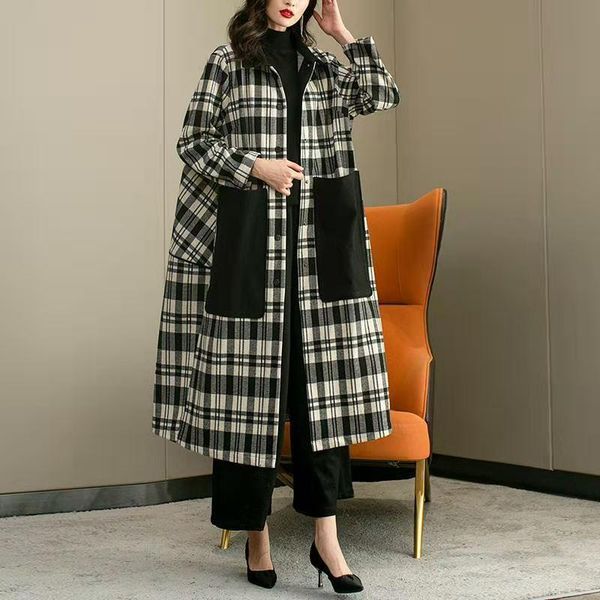

autumn women's lapel plaid jacket mid-length blended coat women's elegant retro long-sleeved fashion double-sided woolen winter wo, Black