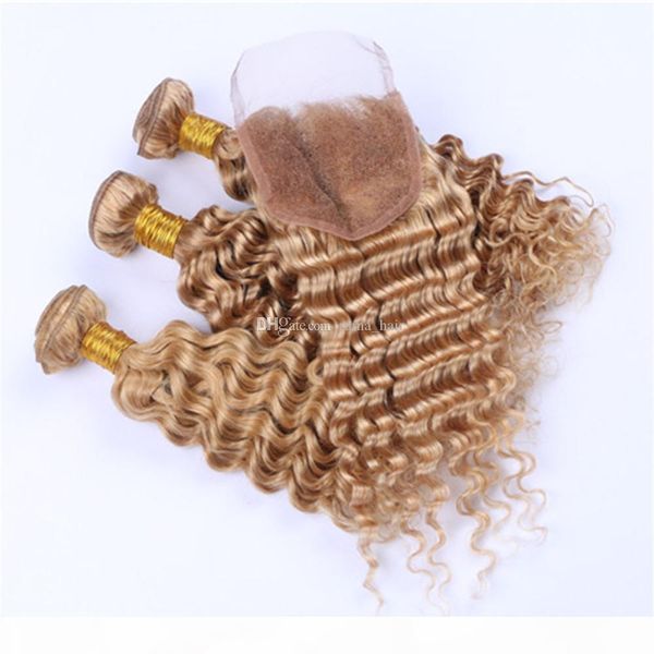 

#27 blonde peruvian virgin hair with closure 4pcs lot 7a human hair honey blonde deep wave 3pcs bundles with 4*4'' lace closure, Black;brown