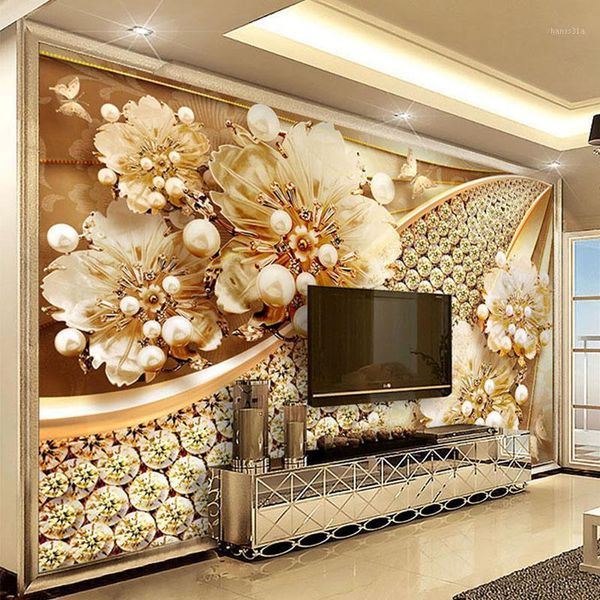 

custom p wallpaper 3d embossed gold jewelry flower mural european style living room tv background wall painting luxury decor1