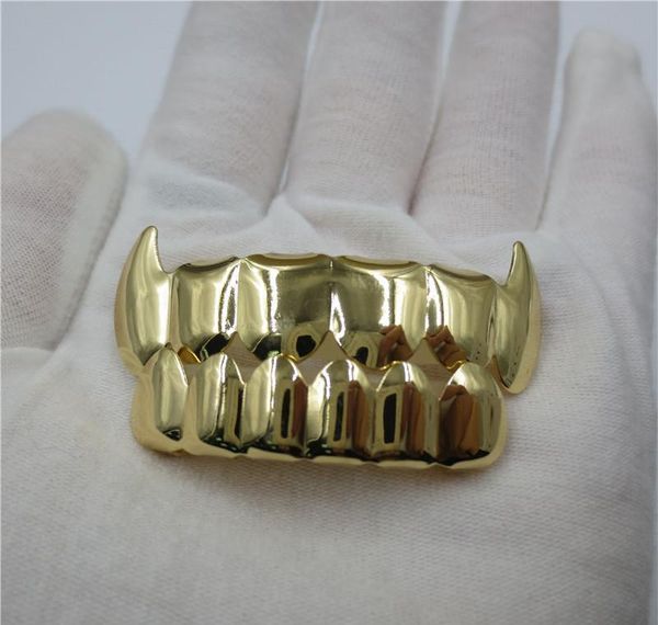 

14k gold plated hip hop teeth grillz caps & bottom grill set vampire teeth caps halloween party rapper body des wmtfxu comb2010