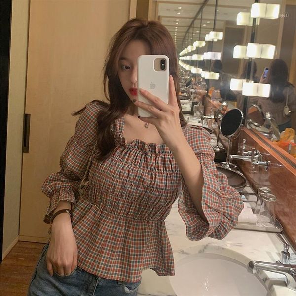 

women's shirts ulzzang japanese kawaii ladies vintage flared sleeve plaid shirt female korean harajuku cute clothes for women1, White
