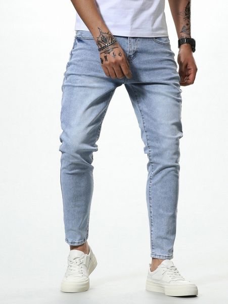 

men zipper fly washed tapered jeans f0ch#, Blue