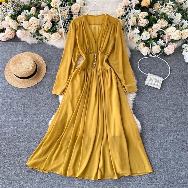 

french vintage women dress autumn elegant deep v long sleeve solid a line dress fashion casual romantic holiday dresses, Black;gray