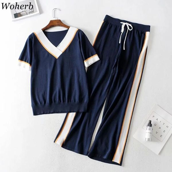 

two piece dress woherb 2021 summer ice silk knitted set women casual sweat suit v-neck wide leg pants 2 outfits1, White
