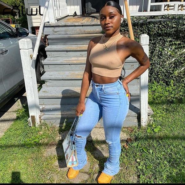 

fqlwl streetwear ripped jeans for women high waisted stacked pants jeans ladies autumn winter bodycon pleated skinny denim1, Blue