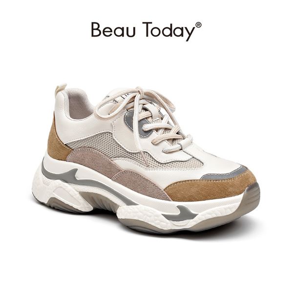 

beautoday chunky sneakers women cow leather nylon mesh round toe cross-tied mixed colors lady casual thick shoes handmade 29340 q1215, Black;white