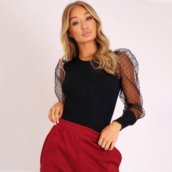 

new lace puff sleeve womens bodysuit autumn long sleeve polka dot vintage bodycon jumpsuit skinny mesh bodysuits, Black;white