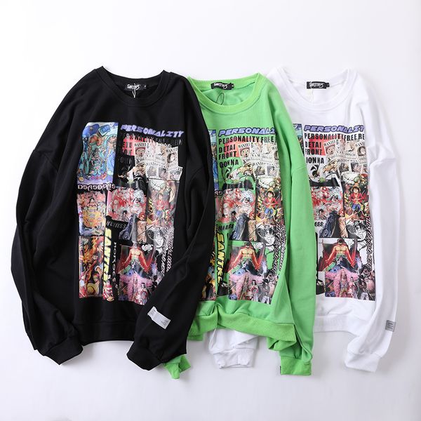 

autumn round neck sweater men's pullover long sleeve hip hop cartoon print trendy loose couple 803, Black