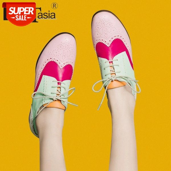 

doratasia new brand candy color dress flats low heel concise mixed-color flats women lace-up genuine leather shoes woman #tb9h