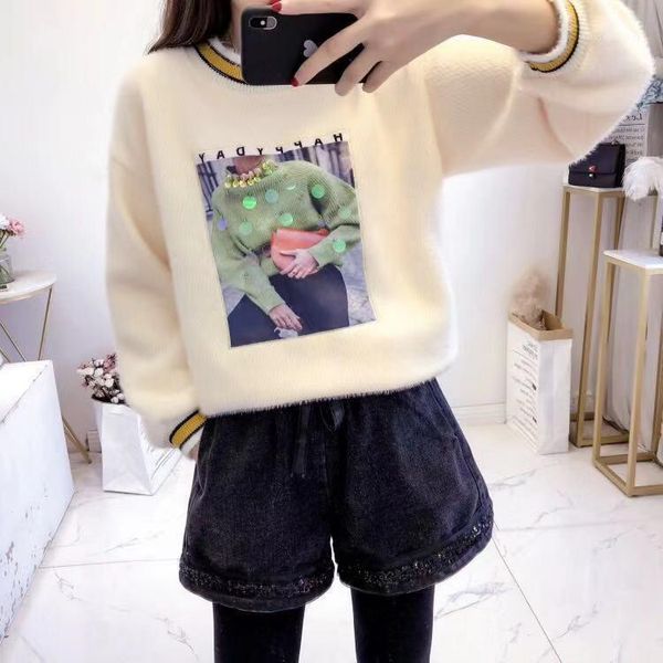 

european style winter autumn long sleeve fleece o neck casual loose fleece with cartoon printed mink pile coat for sweet girls1, White;black