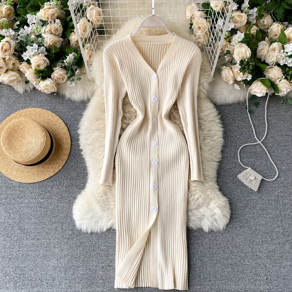 

2021 new solid female mesh long button elastic sheath dressed in autumn knitting pencil k47z, Black;gray