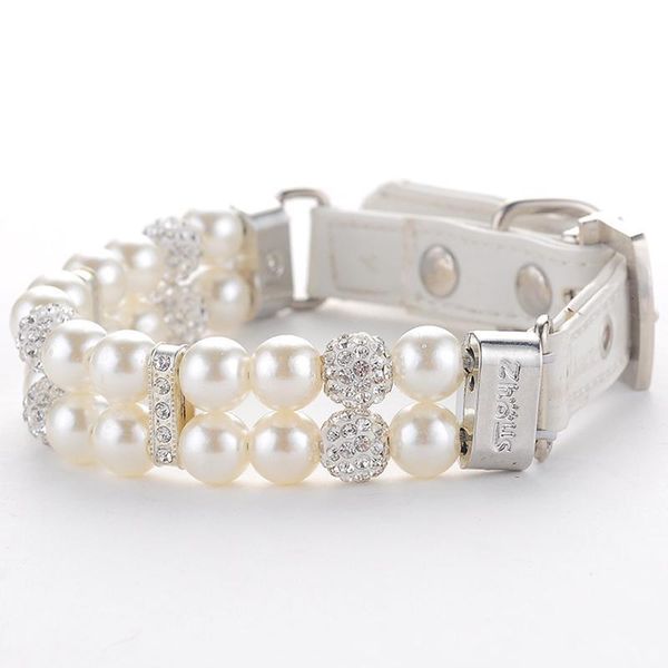 

white pu leather dog pearl collar artificial pearls rhinestone pet collars for small dogs necklace pet accessories