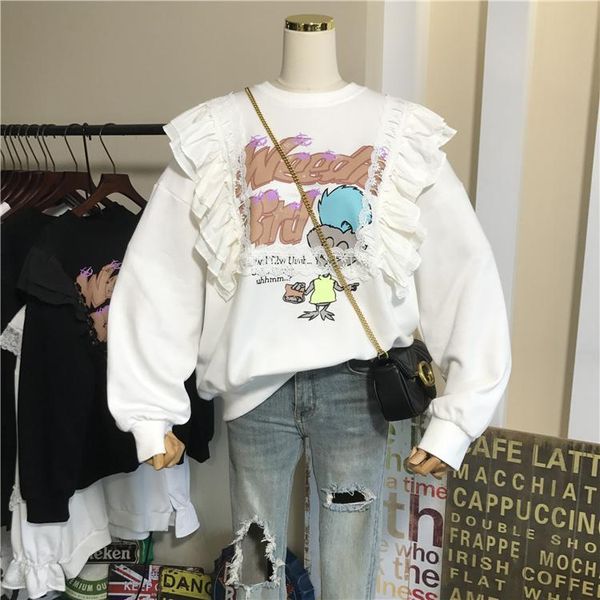 

korean lace street sweatshirts women cotton graphic sweatshirt pullovers female kpop loose sweats coats, Black