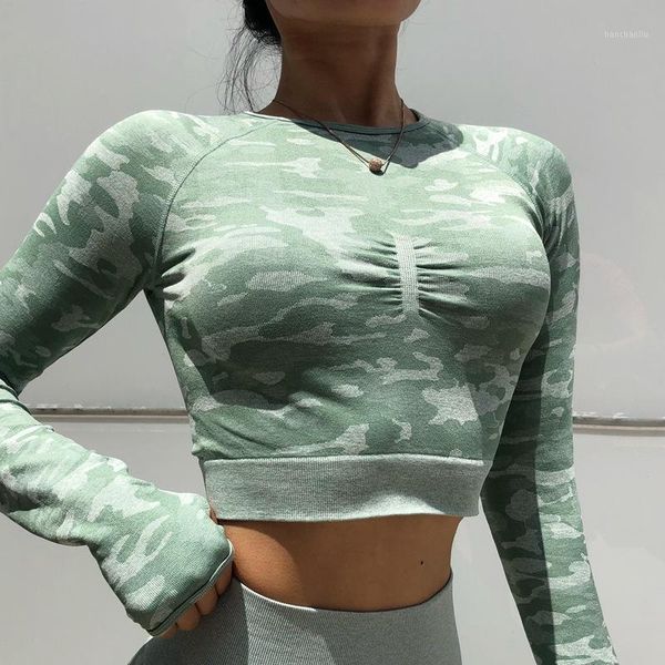 

yoga outfits backless sports t-shirt camouflage slim slimming net red running quick-drying long sleeves fitness tight clothes1, White;red