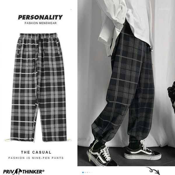

men's plaid casual harem pants korean man 2020 loose ankle-length trousers harajuku streetwear new male clothing1, Black