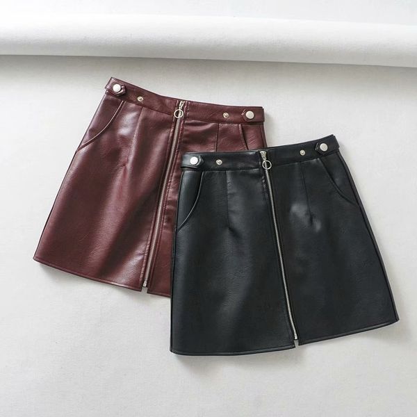 

2021 new early spring european and american style women's new wholesale waist pocket pu leather skirt v5ws, Black