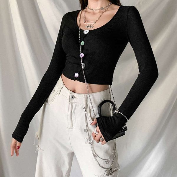 

autumn new and women's clothing in winter 2020 solid slim fit color single breasted navel exposed long sleeve t-shirt for women, Black;gray