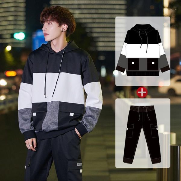 

patchwork tracksuit men autumn jogger sports sportswear suits spring hip hop hoodies pants two pieces loose set male sweatsuit1, Gray