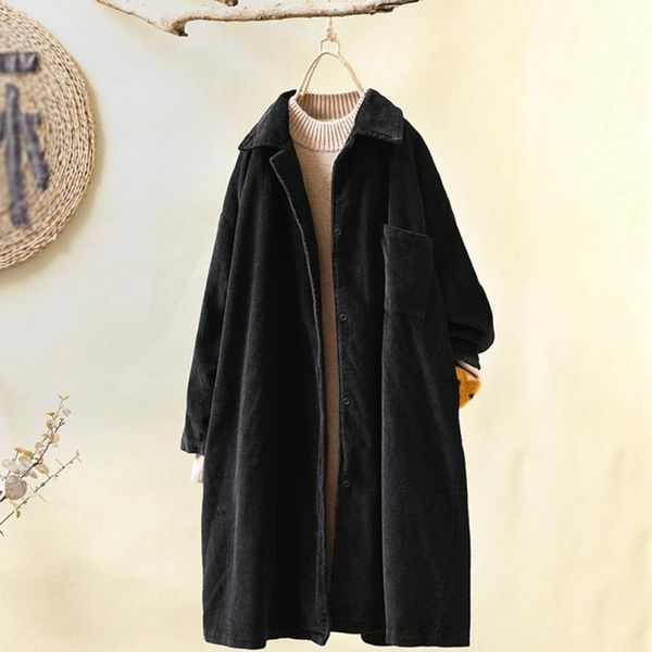 

coat women lapel long sleeve loose solid color mid-length coats khaki 3xl1, Black