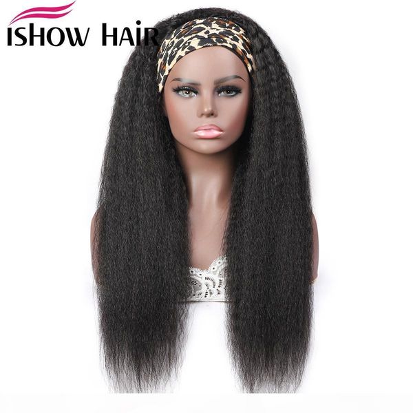 

ishow yaki straight human hair wigs with headbands long 28 30inch body water headband wig loose deep curly none lace wigs for women, Black;brown