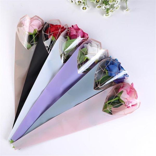 

gift wrap 20pcs/lot diamond heart wrapping plastic single rose flower packaging bag party decorations boxes cases for flowers