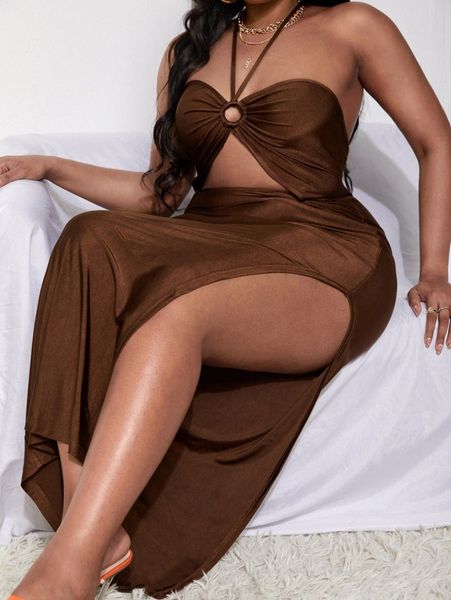 

sxy plus backless o-ring cut out split thigh halter dress l8da#, Black
