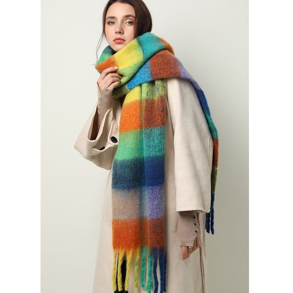 

new women plaid scarf winter pashmina shawls cashmere thick wraps lady tassel warm scarves rainbow hairy bufanda 201119, Blue;gray
