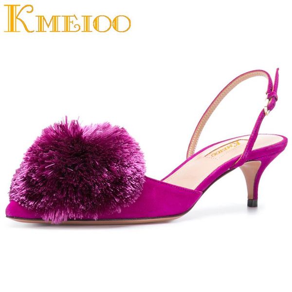 

sandals kmeioo ladies shoes puff pompom pumps pointed toe kitten heel ankle strap slingback low heels evening wedding, Black