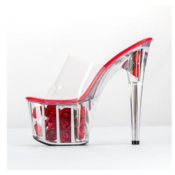

women's platform with ultra-high heels 17 in flowers crystal sandals clear glass shoes slippers imyh, Black