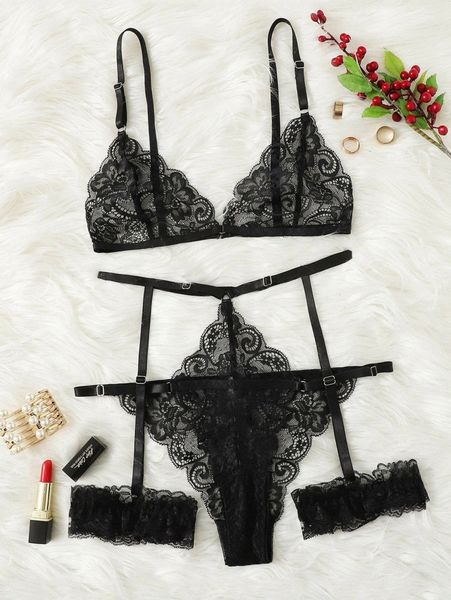 

plus floral lace garter lingerie set v5mo#, Black;white