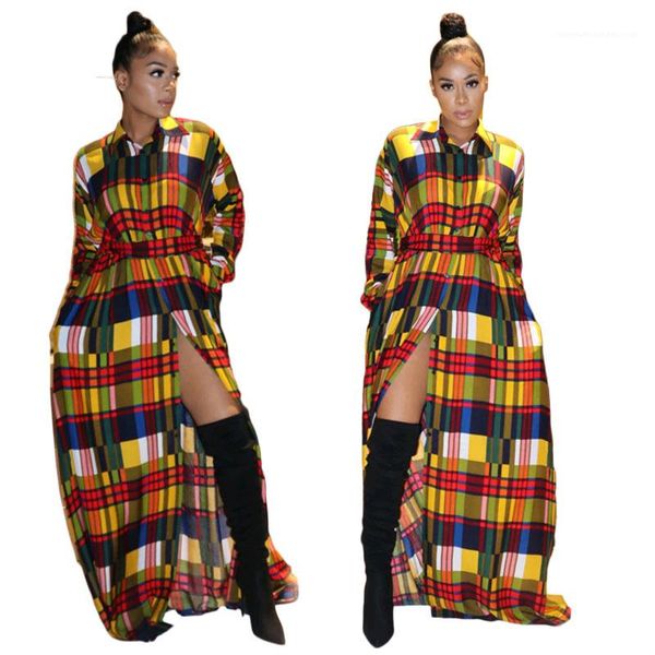 

irregular long shirt dress fashion female clothing contrast color check womens dresses lapel neck plaid, Black;gray